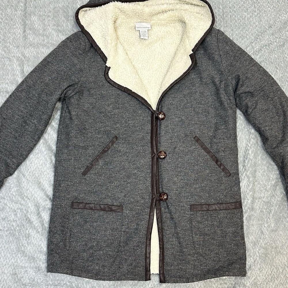 Soft Surroundings Gray Wool Coat‎ Sherpa Lined Hooded Jacket Womens Size Small